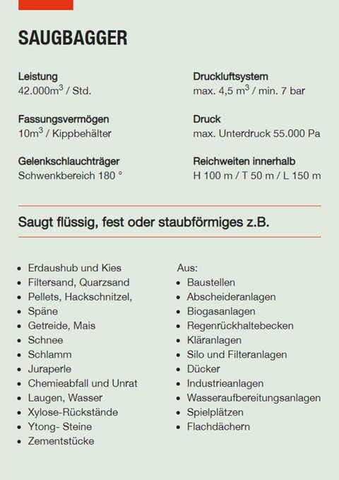 Saugbagger Darmstadt - Technische Daten Saugbagger